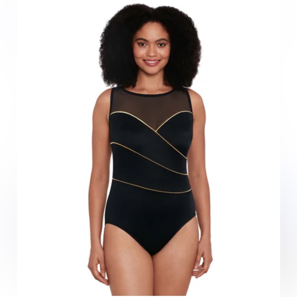 Longitude Wave black & gold one piece mesh swimsuit Size 16